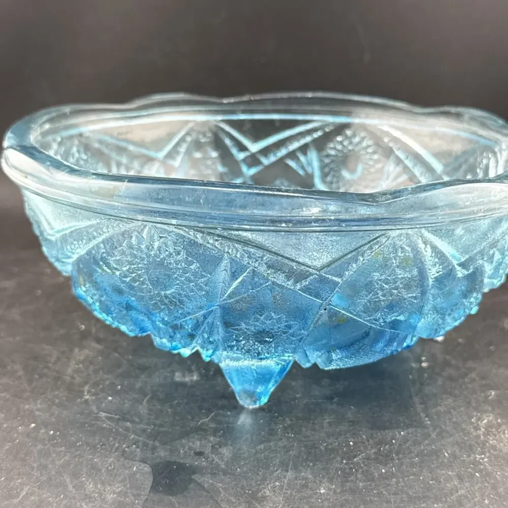 McKee Style Fentec Aqua Blue Pressed Glass Footed Bowl 6”